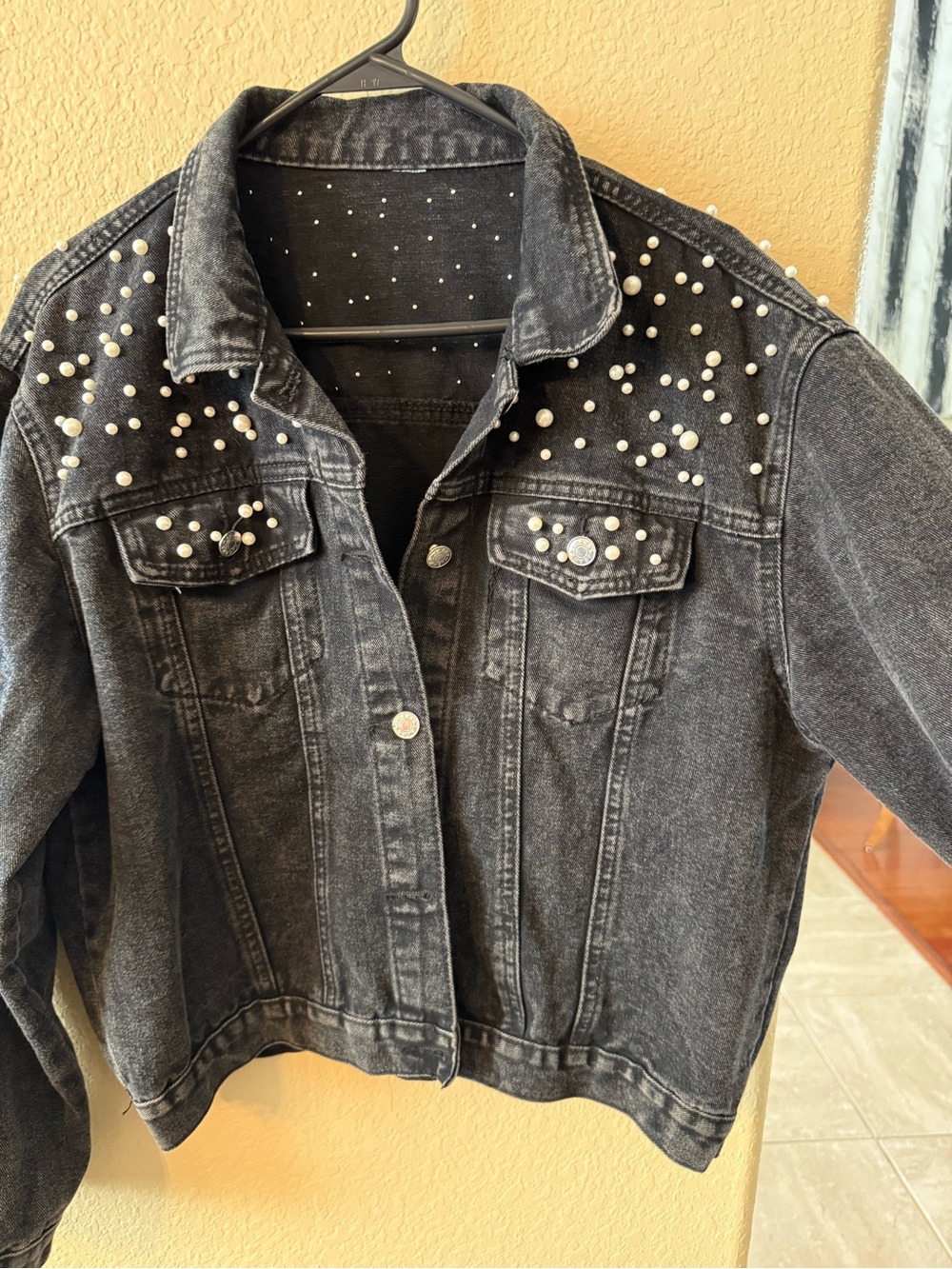 Women’s Oversized Funky Large Black Pearl-Embellished Denim Jacket